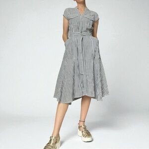 White House Black Market Striped Gray & White Midi Dress Seersucker Shirtdress